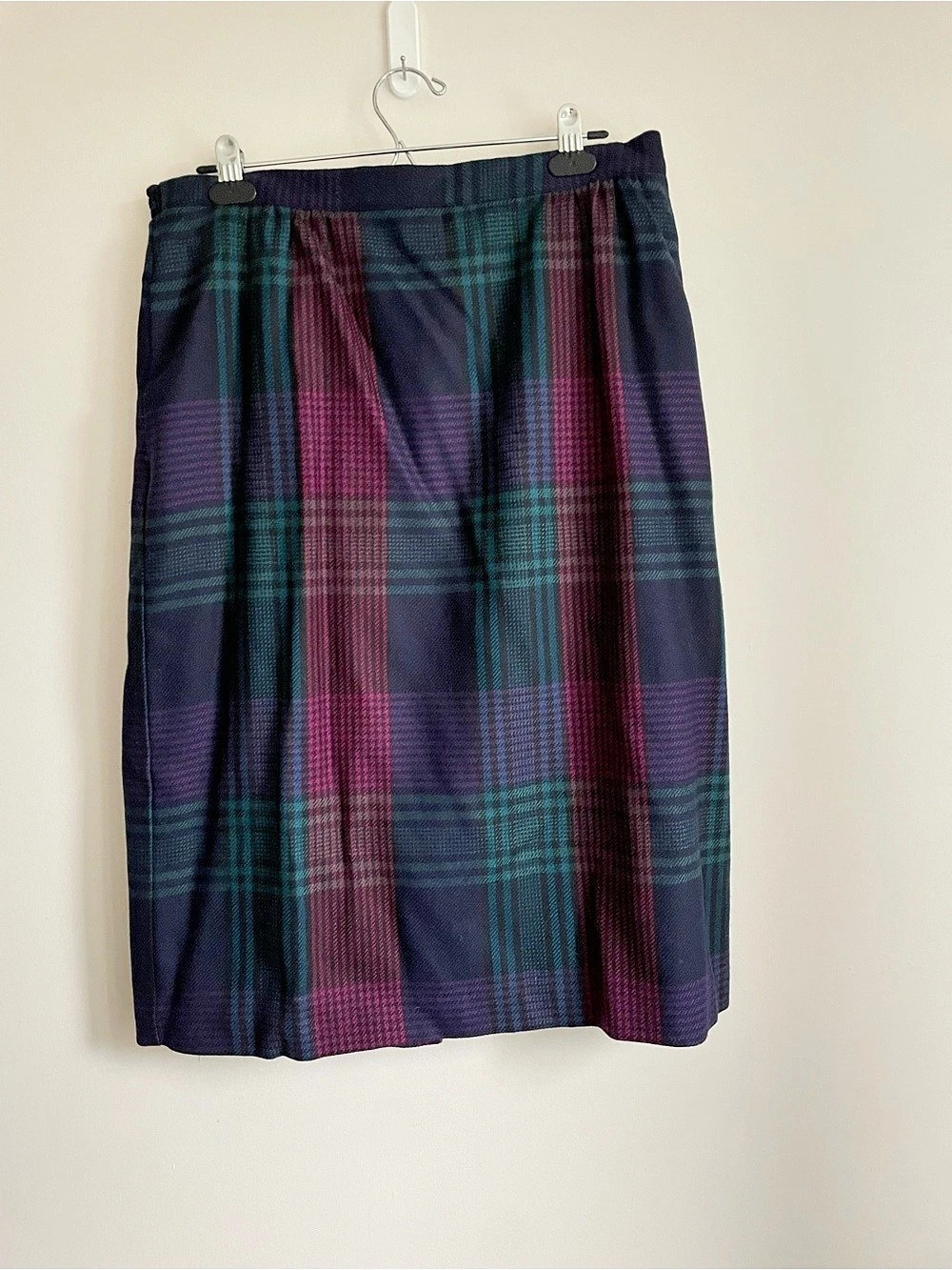 Allaird's 100% Wool Plaid Midi Skirt in Purple & Green